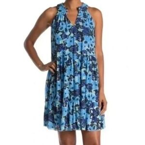 Donna Morgan Floral Print‎ Halter Neck Tiered Dress Sleeveless Blue Size